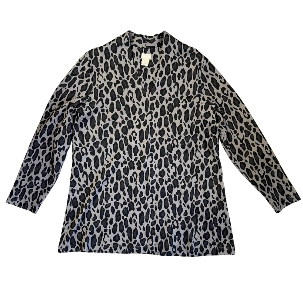Chico's‎ Leopard Print Tunic Top Size 2 L/XL Gray Black Pima Cotton Long Sleeve
